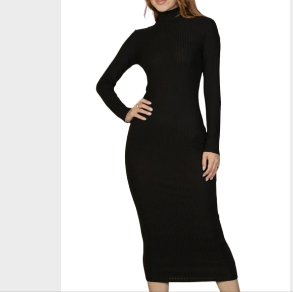 Mock Neck Bodycon Long Sleeve Black Sweater Dress Red - Picture 8 of 11